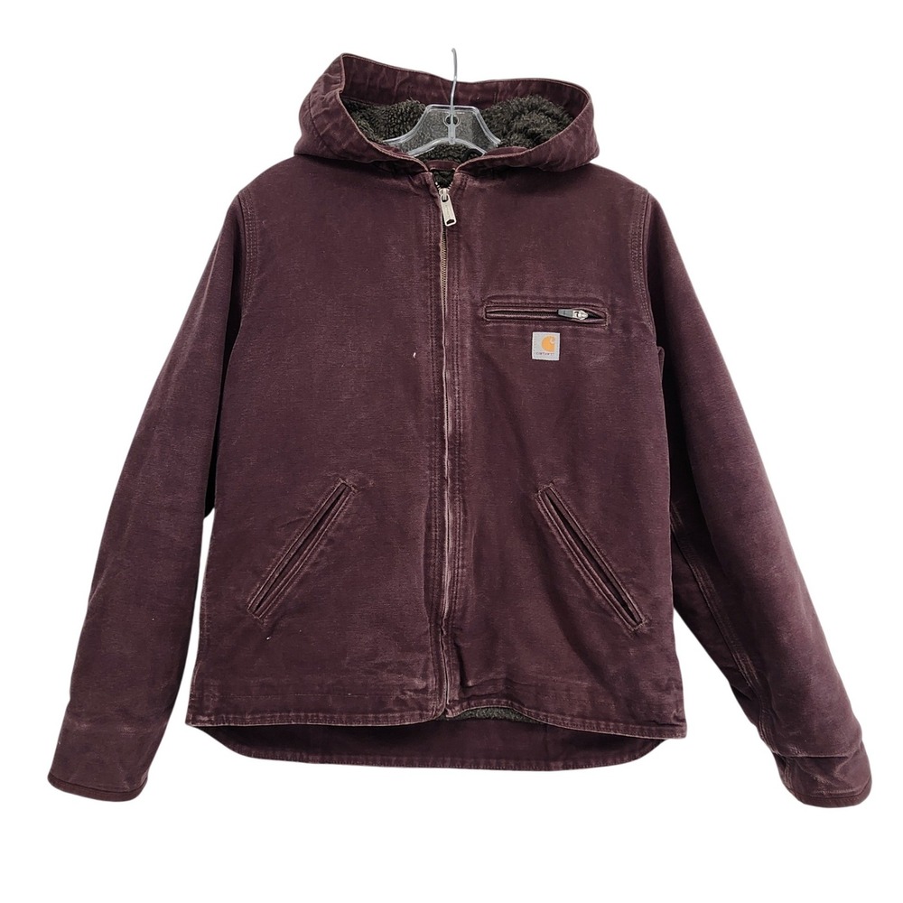 Carhartt Small S 4/6 Purple Hooded Sherpa Lined Sandstone Duck Work Jacket WJ097